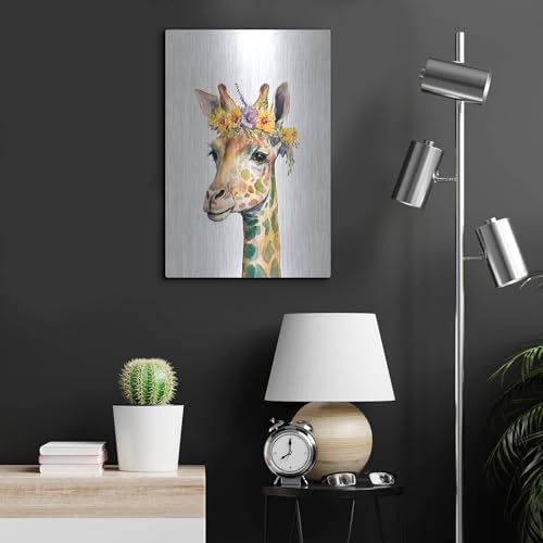 Giraffe With Flowers Metal Wall Art 16x24