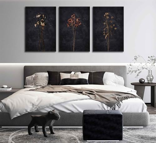 3Pcs Moody Dark Floral Framed Wall Art Prints