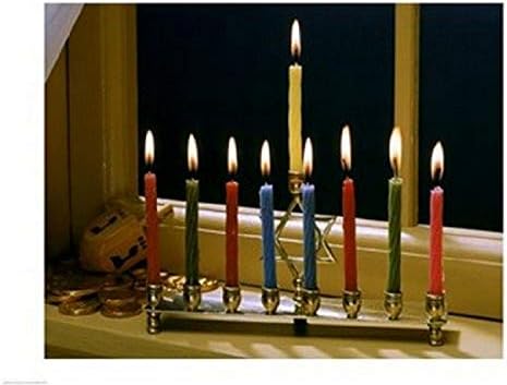 Close-up of a menorah with burning candles and Star of David Poster Print 24x18
