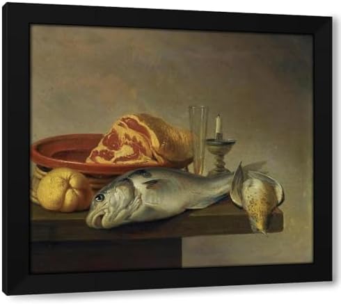 Harmen Steenwyck 16x15 Black Framed Art Print Still Life with Ham Fish Candle