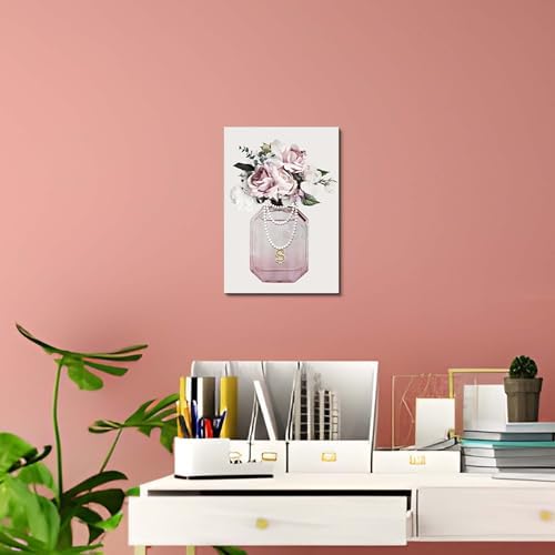 Arttitue Fashion Perfume Bottle Wall Art 11x16 Inch Canvas Pink Peony Flower Decor for Bedroom Bathroom