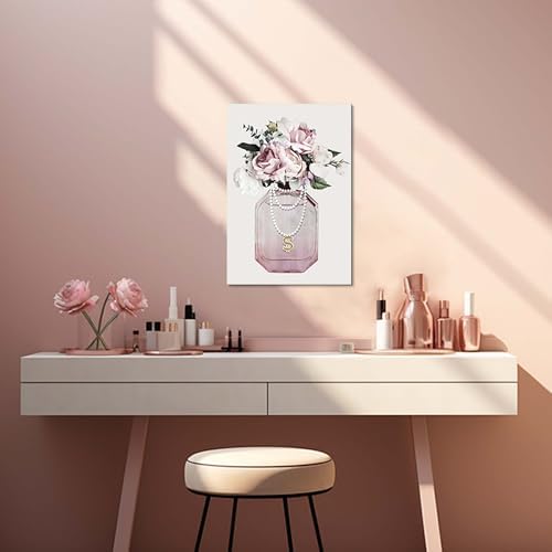Arttitue Fashion Perfume Bottle Wall Art 11x16 Inch Canvas Pink Peony Flower Decor for Bedroom Bathroom