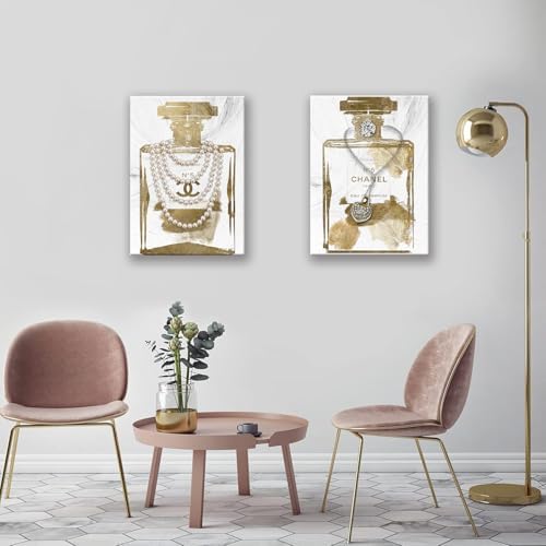 2 Pieces Vintage Perfume Bottle Gold Canvas Wall Art