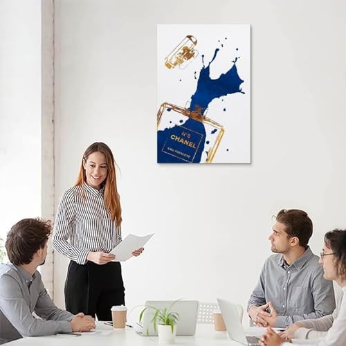 BanLaArt Gold Perfume Bottle with Navy Blue Canvas Print Wall Art Poster