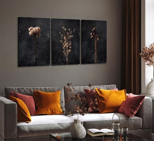 3pcs Dark Flower Canvas Wall Art Black Wildflower Decor