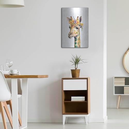 Giraffe With Flowers Metal Wall Art 16x24