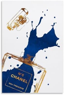 BanLaArt Gold Perfume Bottle with Navy Blue Canvas Print Wall Art Poster