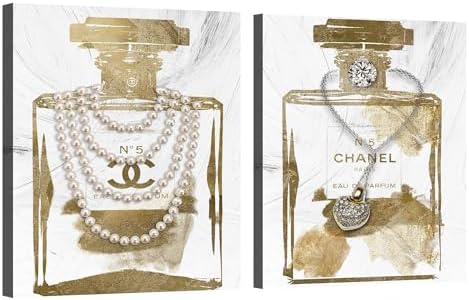 2 Pieces Vintage Perfume Bottle Gold Canvas Wall Art