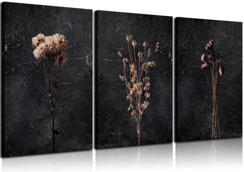 3pcs Dark Flower Canvas Wall Art Black Wildflower Decor