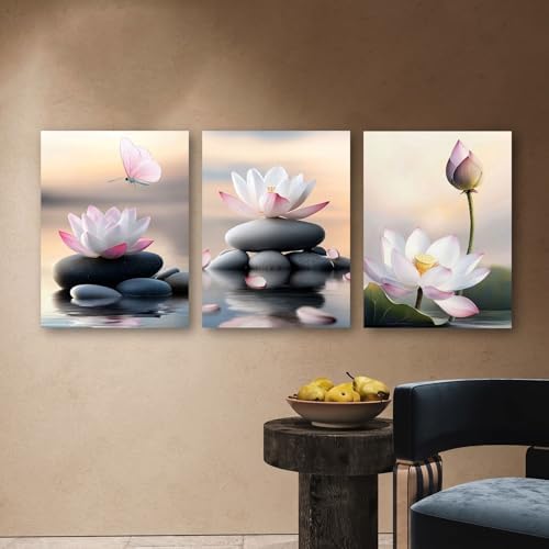 Arjun Pink Lotus Wall Art Canvas Zen Stones Black Art