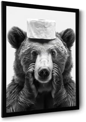 Funny Bear Bathroom Canvas Wall Art - Black and White
