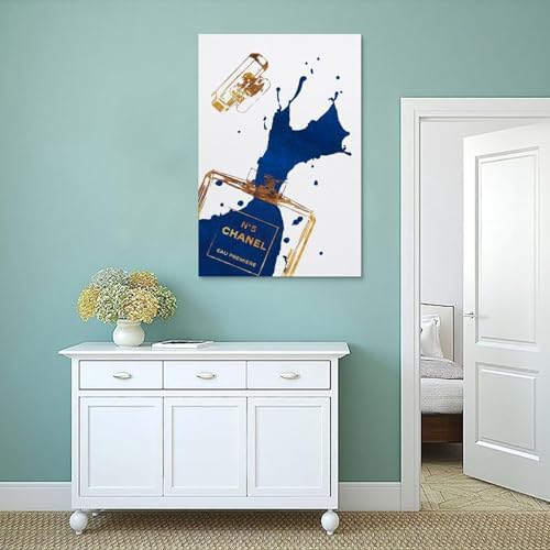 BanLaArt Gold Perfume Bottle with Navy Blue Canvas Print Wall Art Poster
