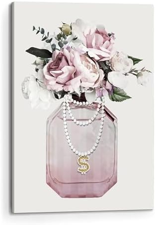 Arttitue Fashion Perfume Bottle Wall Art 11x16 Inch Canvas Pink Peony Flower Decor for Bedroom Bathroom
