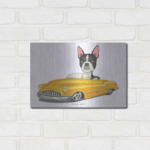 Boston Terrier in Yellow Car Metal Wall Art 16x12