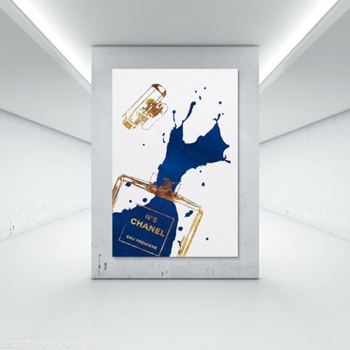 BanLaArt Gold Perfume Bottle with Navy Blue Canvas Print Wall Art Poster