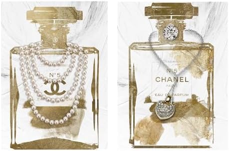 2 Pieces Vintage Perfume Bottle Gold Canvas Wall Art