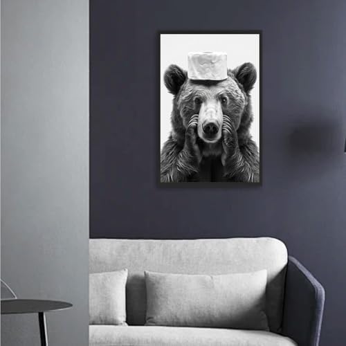 Funny Bear Bathroom Canvas Wall Art - Black and White