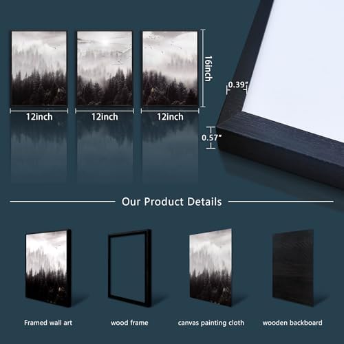 Black Framed Canvas Wall Art 3 Pieces Forest Scene Decor