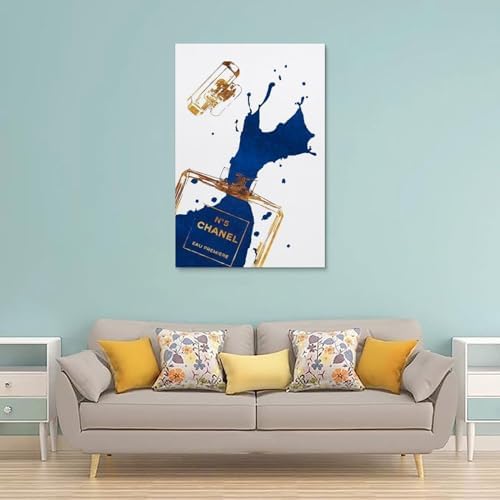 BanLaArt Gold Perfume Bottle with Navy Blue Canvas Print Wall Art Poster