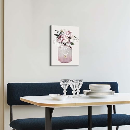 Arttitue Fashion Perfume Bottle Wall Art 11x16 Inch Canvas Pink Peony Flower Decor for Bedroom Bathroom