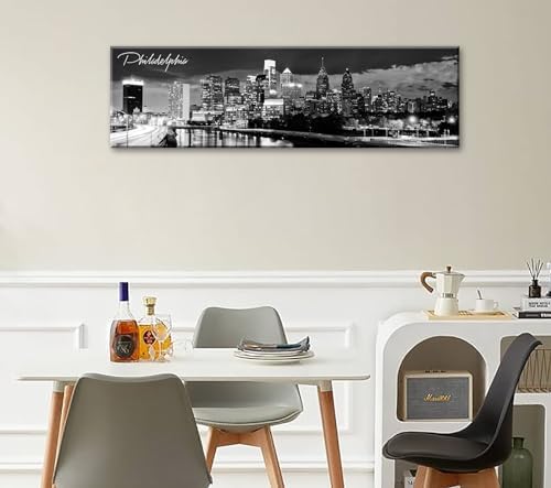 DJSYLIFE Philadelphia Skyline Canvas Art - 138x473 Black and White Cityscape Wall Decor