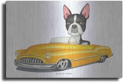 Boston Terrier in Yellow Car Metal Wall Art 16x12