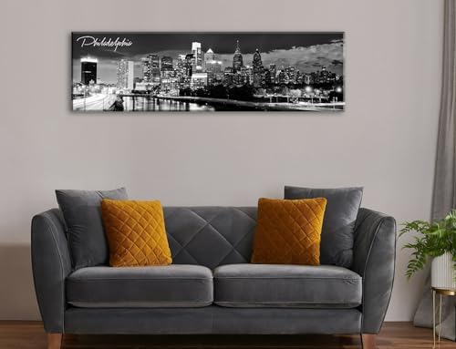 DJSYLIFE Philadelphia Skyline Canvas Art - 138x473 Black and White Cityscape Wall Decor