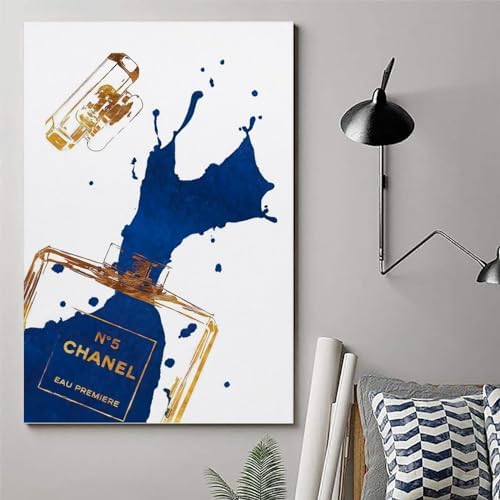 BanLaArt Gold Perfume Bottle with Navy Blue Canvas Print Wall Art Poster