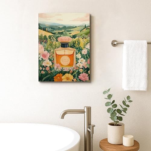 Yellow Peach Spring Floral Perfume Bottle Canvas Wall Art 12x16