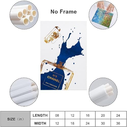 BanLaArt Gold Perfume Bottle with Navy Blue Canvas Print Wall Art Poster
