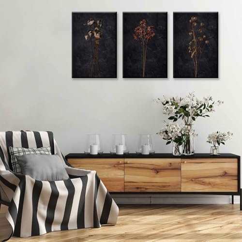 Framed Black Moody Wildflowers Canvas Wall Art Set of 3