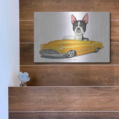 Boston Terrier in Yellow Car Metal Wall Art 16x12