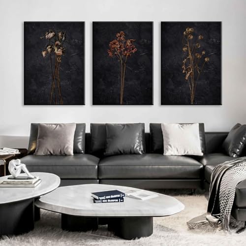 Framed Black Moody Wildflowers Canvas Wall Art Set of 3