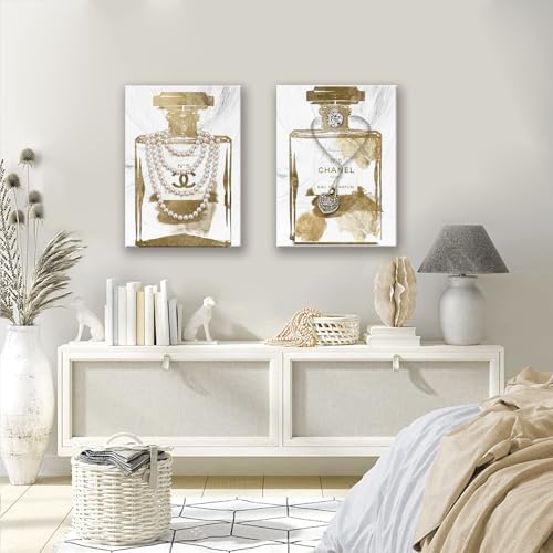 2 Pieces Vintage Perfume Bottle Gold Canvas Wall Art