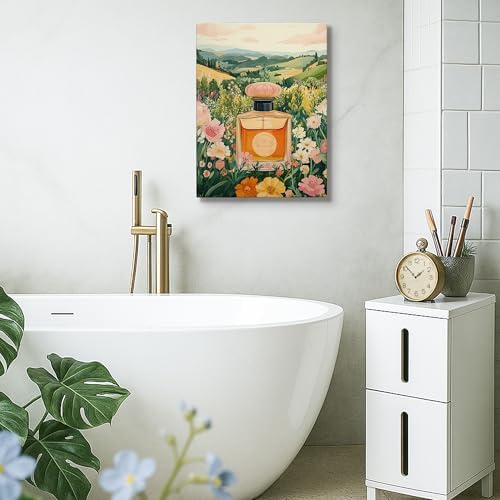 Yellow Peach Spring Floral Perfume Bottle Canvas Wall Art 12x16