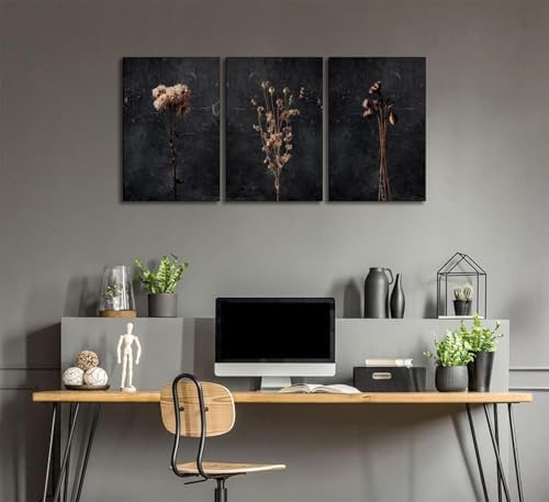 3pcs Dark Flower Canvas Wall Art Black Wildflower Decor