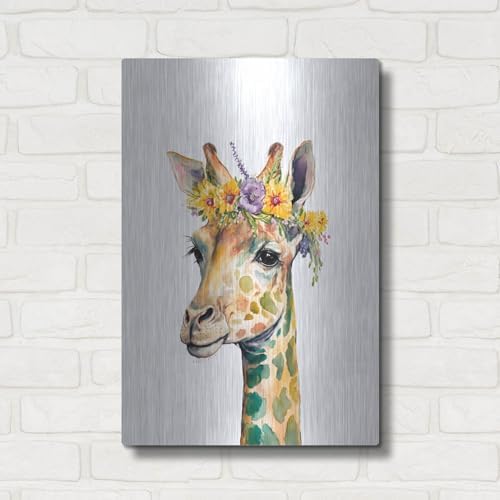Giraffe With Flowers Metal Wall Art 16x24