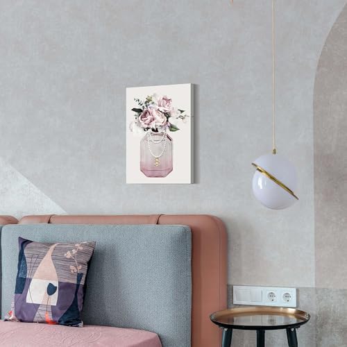 Arttitue Fashion Perfume Bottle Wall Art 11x16 Inch Canvas Pink Peony Flower Decor for Bedroom Bathroom