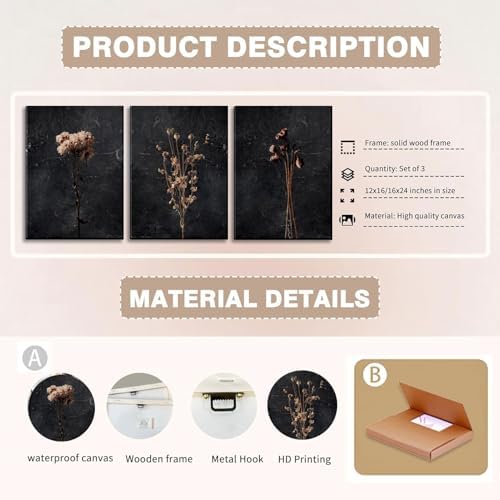 3pcs Dark Flower Canvas Wall Art Black Wildflower Decor