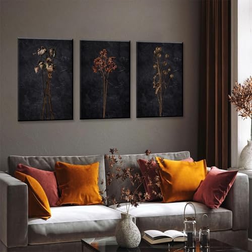 Framed Black Moody Wildflowers Canvas Wall Art Set of 3