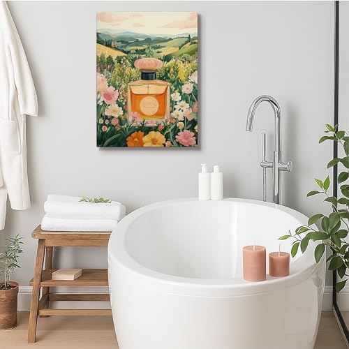 Yellow Peach Spring Floral Perfume Bottle Canvas Wall Art 12x16