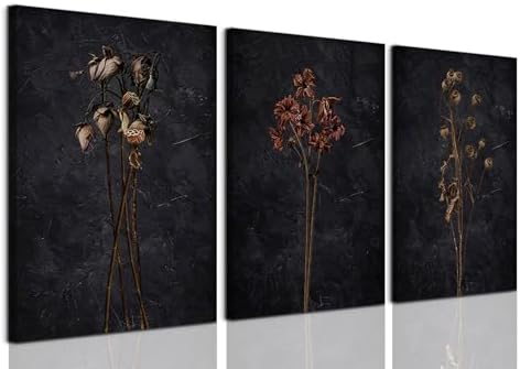 Framed Black Moody Wildflowers Canvas Wall Art Set of 3