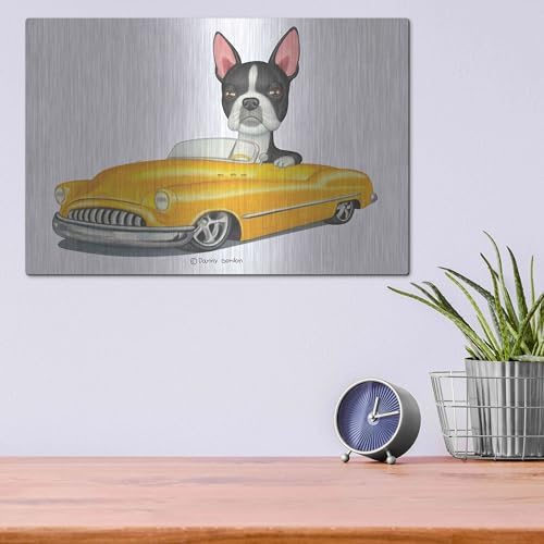 Boston Terrier in Yellow Car Metal Wall Art 16x12