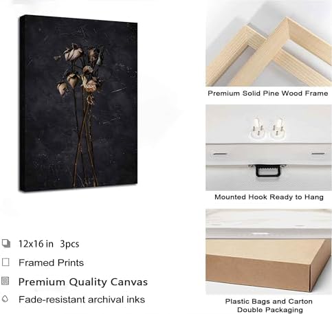 3Pcs Moody Dark Floral Framed Wall Art Prints
