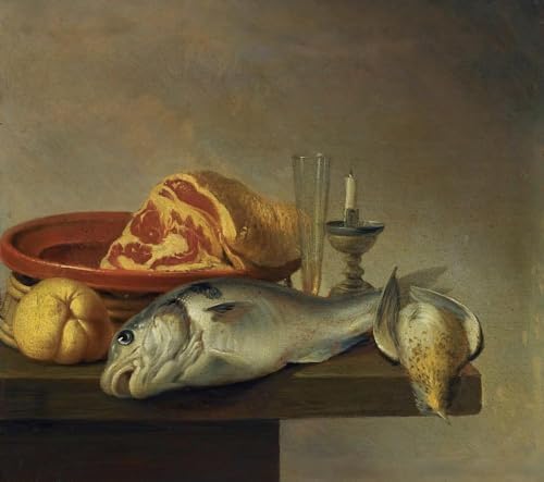 Harmen Steenwyck 16x15 Black Framed Art Print Still Life with Ham Fish Candle