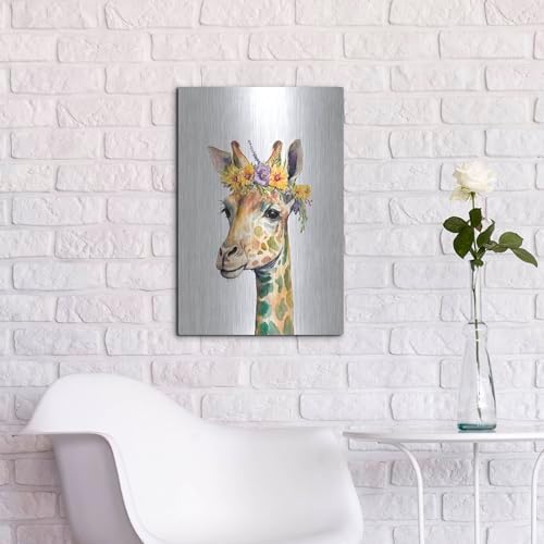Giraffe With Flowers Metal Wall Art 16x24
