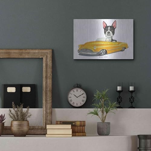 Boston Terrier in Yellow Car Metal Wall Art 16x12