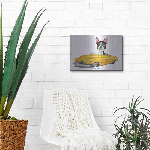 Boston Terrier in Yellow Car Metal Wall Art 16x12