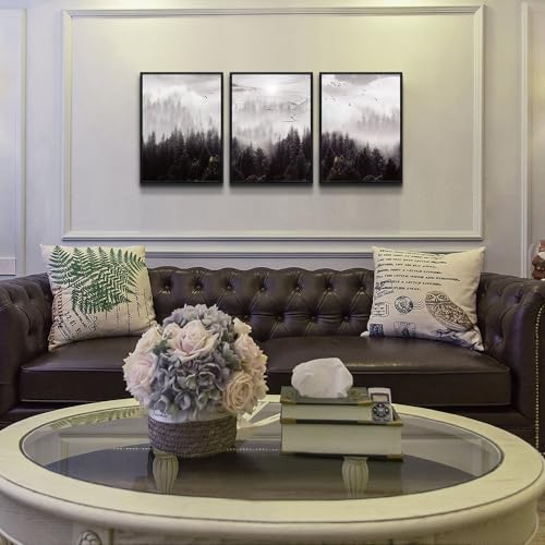 Black Framed Canvas Wall Art 3 Pieces Forest Scene Decor