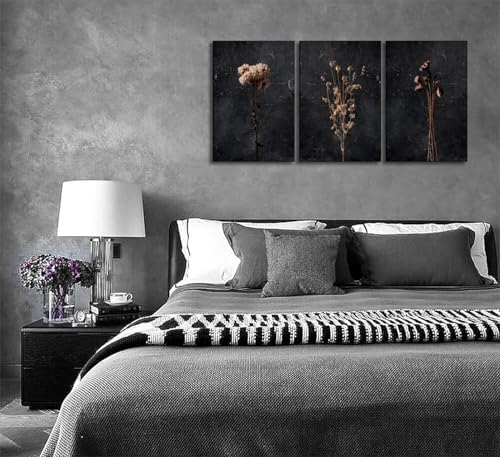 3pcs Dark Flower Canvas Wall Art Black Wildflower Decor